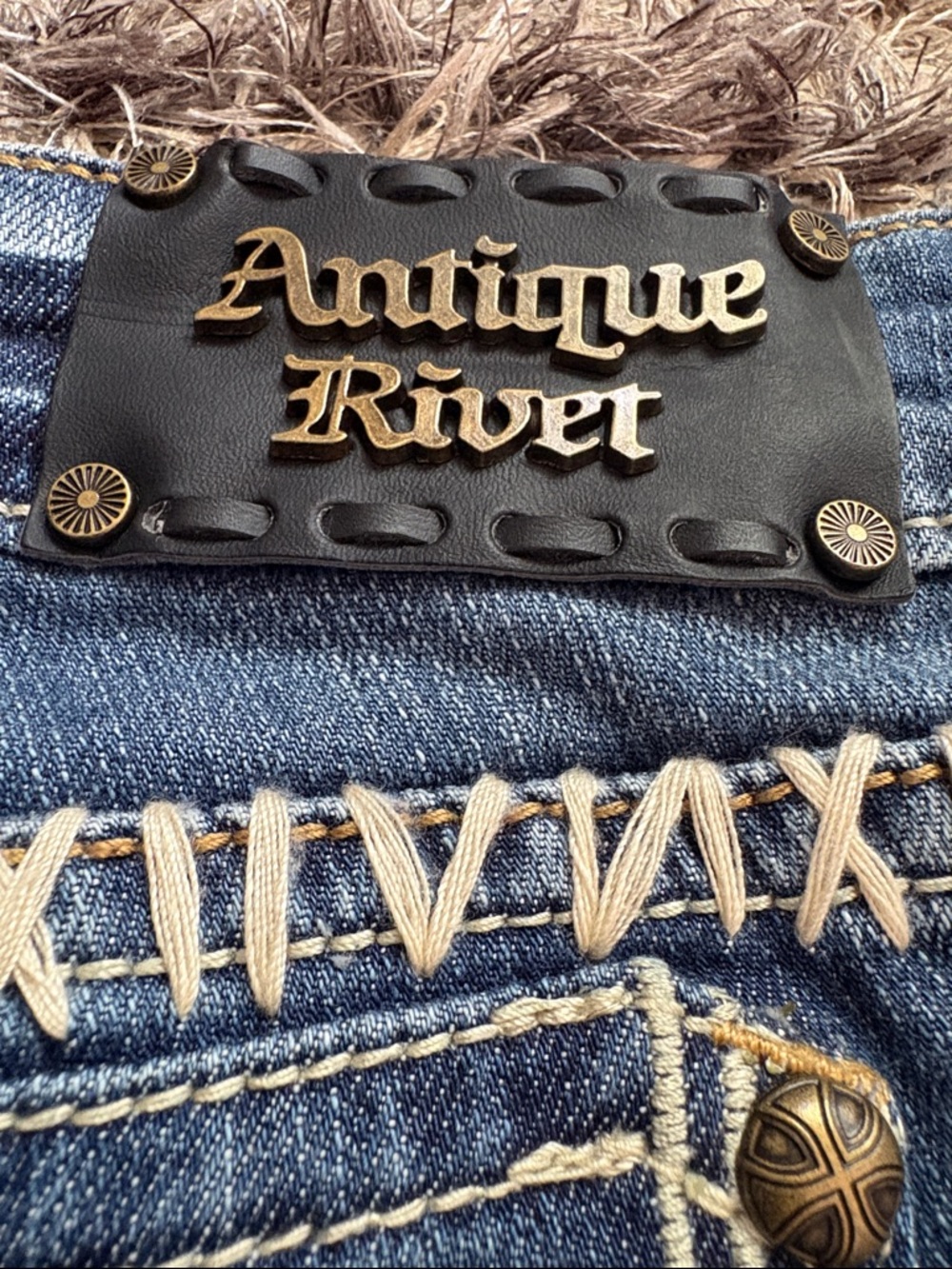 Antique Rivet Low-Rise Cotton Blue Flare Jeans with Subtle Distress - Picture 5 of 12